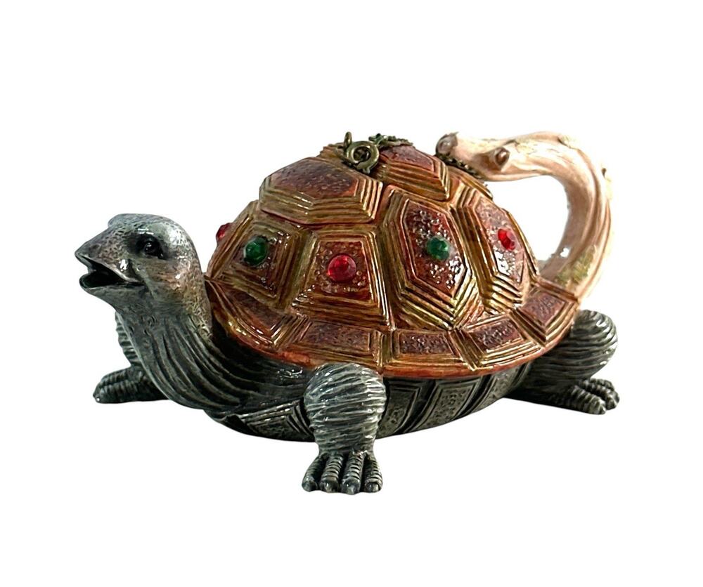 Vintage NINI Turtle Teapot Hand Painted Jeweled Figural Trinket 5”